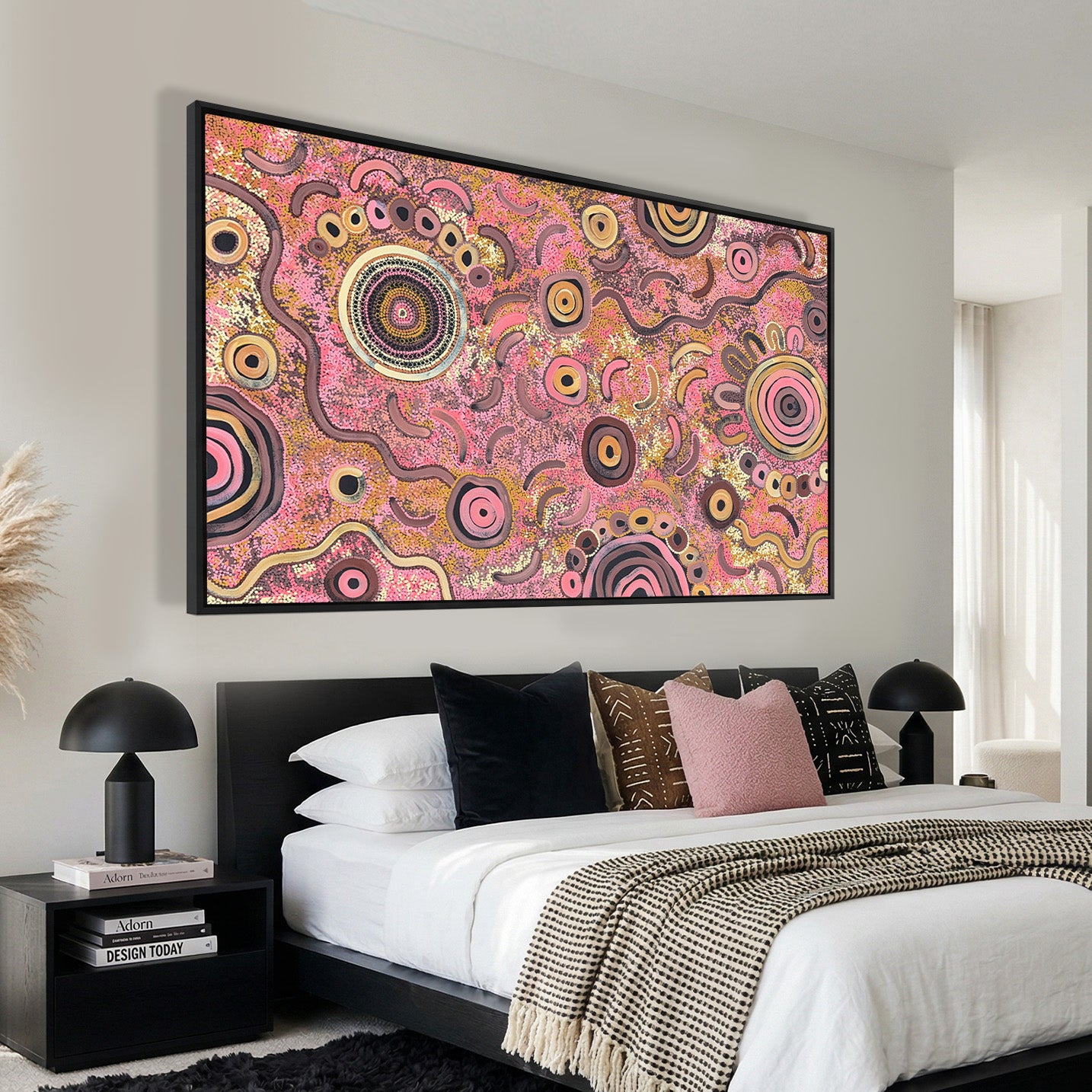 Camping Under the Moonlight Aboriginal painting above bed angle view interior