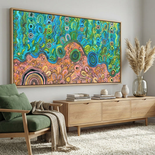 Out on Country original Aboriginal painting by Kelly Taylor showing meeting circles and journey lines
