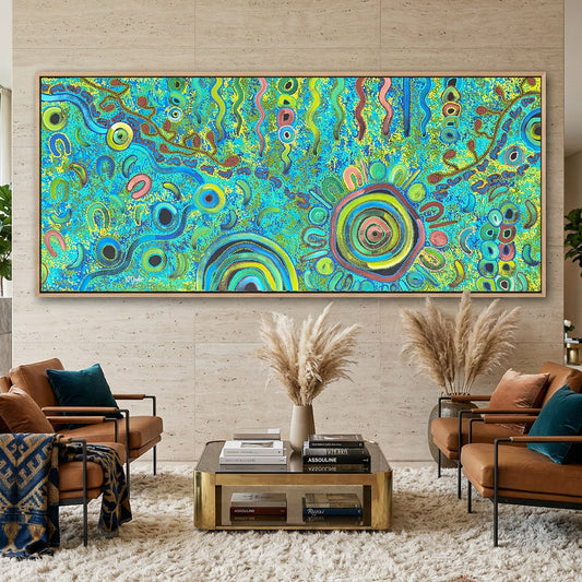 Aboriginal dot painting artwork showing traditional symbols and storytelling