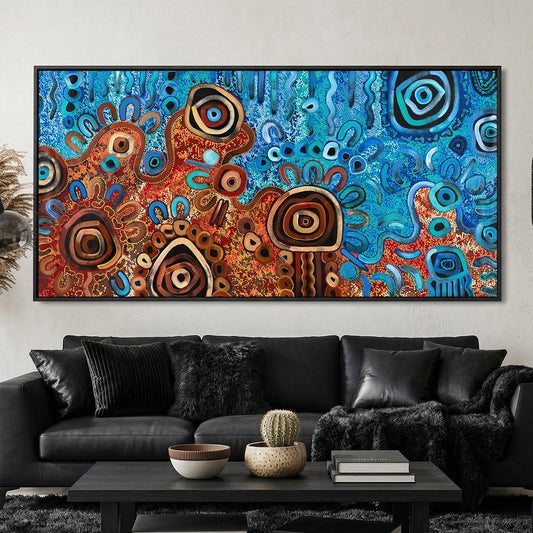 Aboriginal art symbols and meanings illustrated in Indigenous Australian dot painting artwork