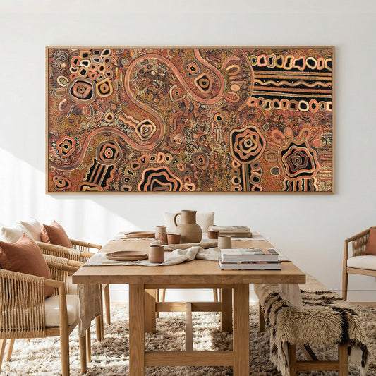 Aboriginal storytelling painting showing traditional symbols representing journeys and gathering places