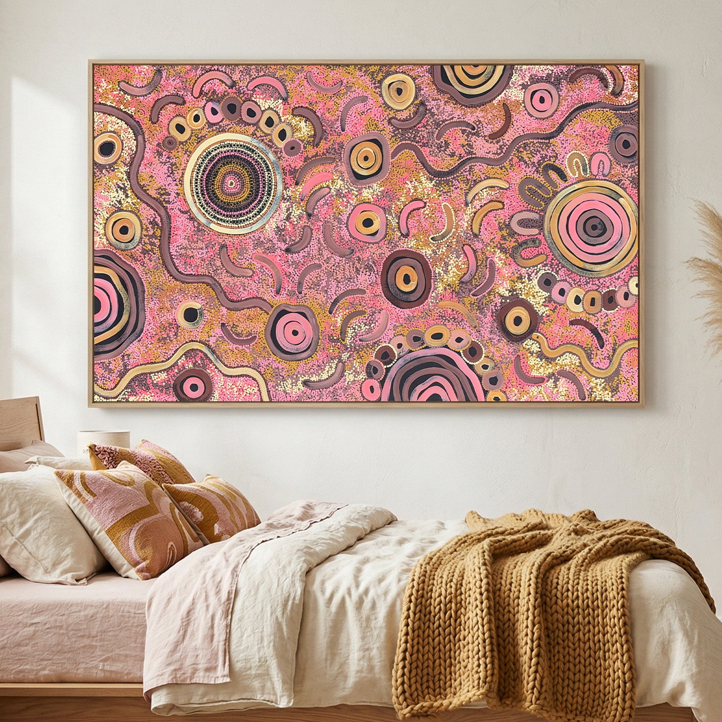 Camping Under the Moonlight Aboriginal painting above bed interior